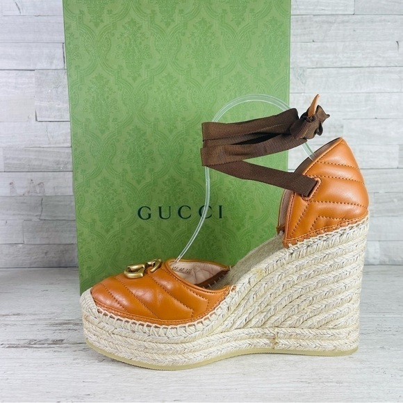 GUCCI SZ 40 Nappa Matelasse GG Marmont Ankle Wrap Espadrille Wedge Cognac - Picture 6 of 14